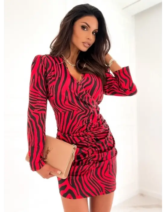 Kadın Uzun Kollu Kruvaze Yaka ön Kısım Büzgülü Dalgıç Mini Boy Elbise