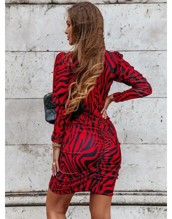 Kadın Uzun Kollu Kruvaze Yaka ön Kısım Büzgülü Dalgıç Mini Boy Elbise