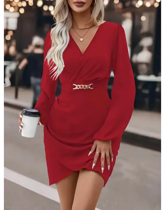 Kadın Uzun Kollu Kruvaze Yaka önden Asimetrik Detay Kısa Krep Elbise