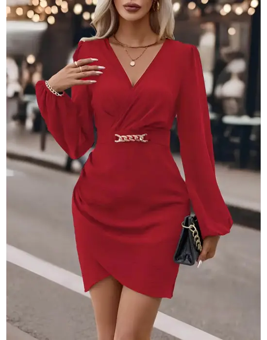 Kadın Uzun Kollu Kruvaze Yaka önden Asimetrik Detay Kısa Krep Elbise