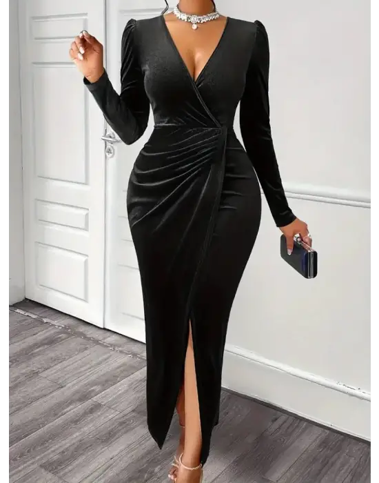 Modern Detaylı Kadife Elbise