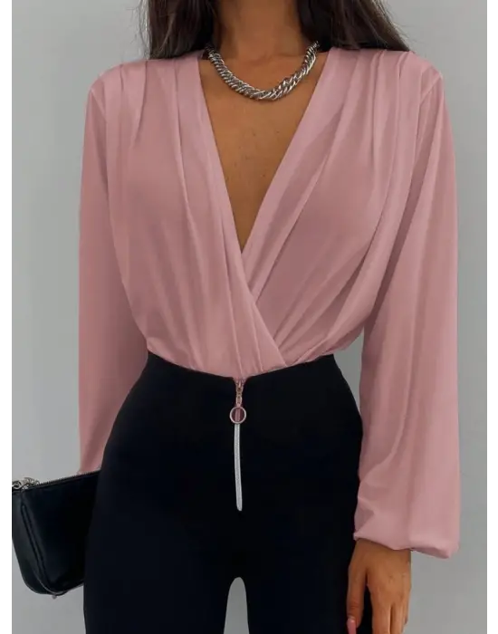 Kadın Uzun Kollu Kruvaze Yaka Sandy Bluz
