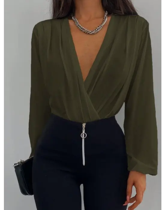 Kadın Uzun Kollu Kruvaze Yaka Sandy Bluz