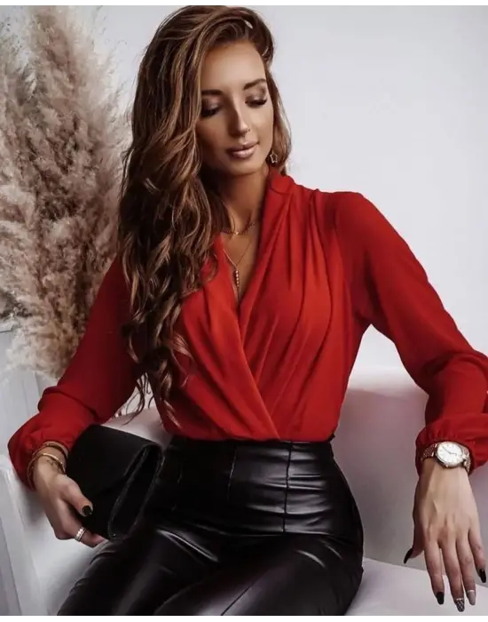 Kadın Uzun Kollu Kruvaze Yaka Sandy Bluz