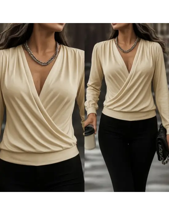 Kadın Uzun Kollu Kruvaze Yaka Sandy Bluz