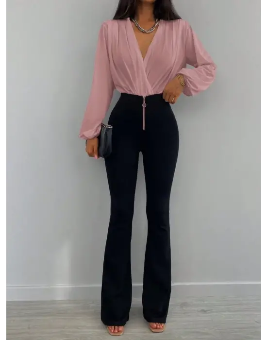 Kadın Uzun Kollu Kruvaze Yaka Sandy Bluz