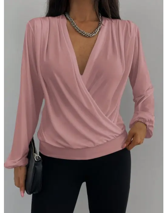 Kadın Uzun Kollu Kruvaze Yaka Sandy Bluz