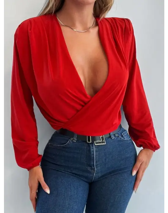 Kadın Uzun Kollu Kruvaze Yaka Sandy Bluz