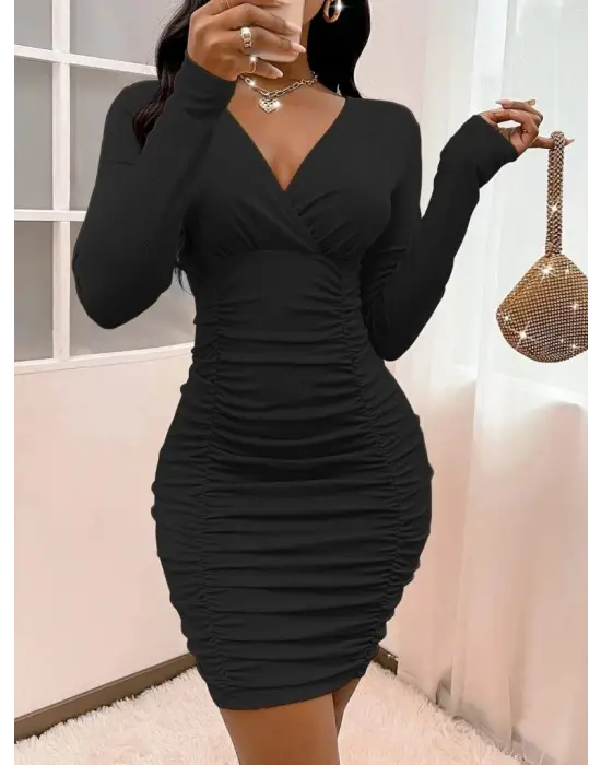 Kadın Uzun Kollu Kruvaze Yaka Sandy Mini Elbise