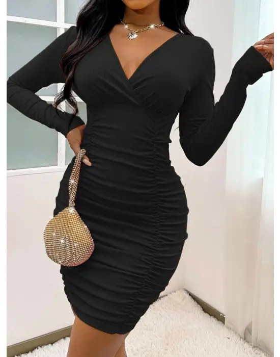 Kadın Uzun Kollu Kruvaze Yaka Sandy Mini Elbise