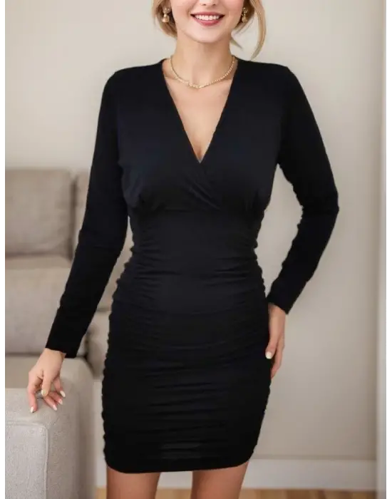 Kadın Uzun Kollu Kruvaze Yaka Sandy Mini Elbise