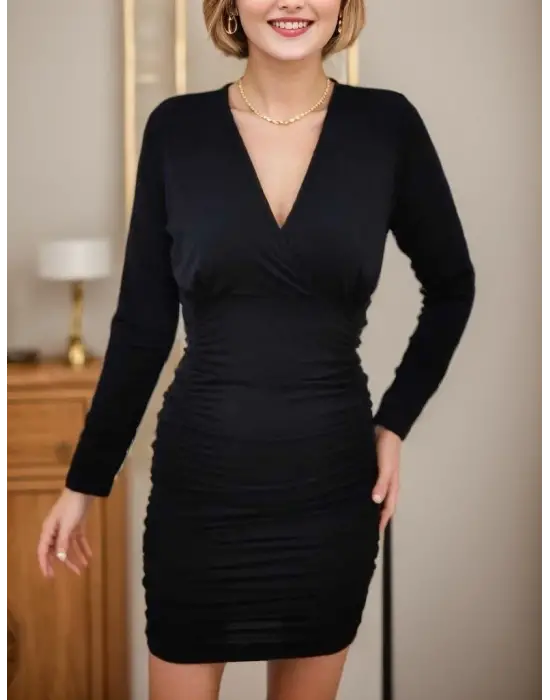 Kadın Uzun Kollu Kruvaze Yaka Sandy Mini Elbise