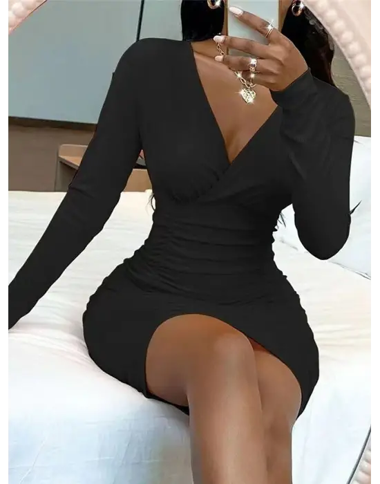 Kadın Uzun Kollu Kruvaze Yaka Sandy Mini Elbise