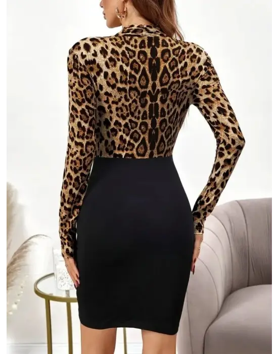 Kadın Uzun Kollu Kruvaze Yaka üst Modal Alt Ithal Krep Mini Elbise