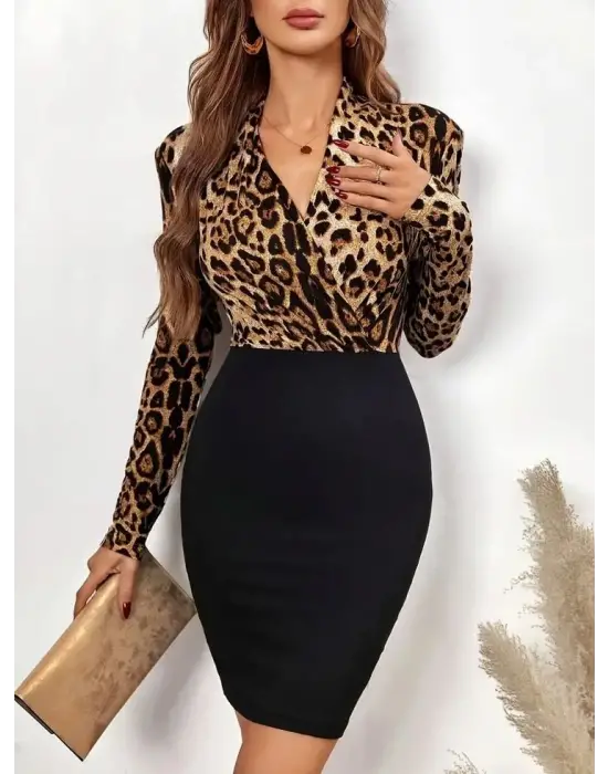 Kadın Uzun Kollu Kruvaze Yaka üst Modal Alt Ithal Krep Mini Elbise