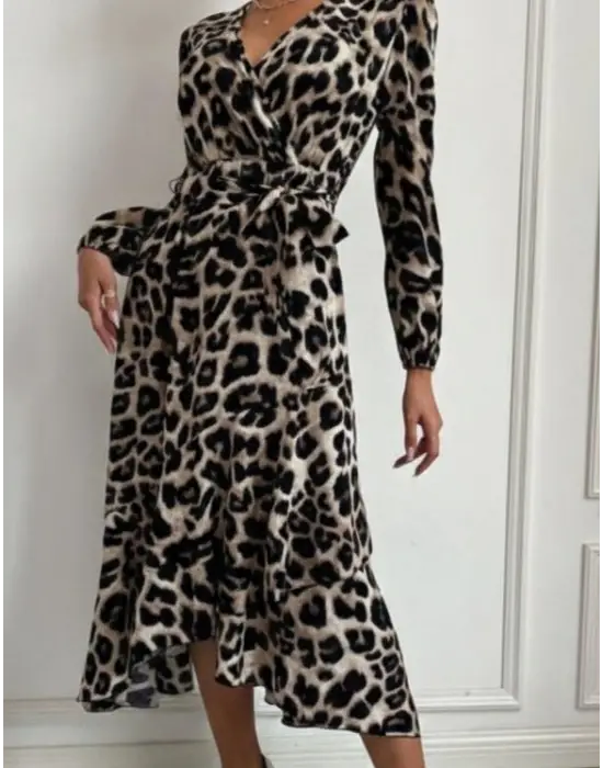 Kadın Uzun Kollu Kruvaze Yaka Yandan Bağlamalı önden Fırfır Detaylı Süprem Uzun Elbise