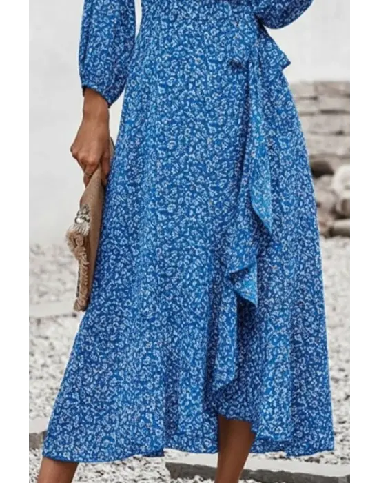 Kadın Uzun Kollu Kruvaze Yaka Yandan Bağlamalı önden Fırfır Detaylı Süprem Uzun Elbise