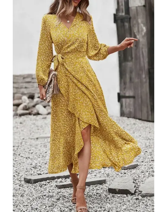 Kadın Uzun Kollu Kruvaze Yaka Yandan Bağlamalı önden Fırfır Detaylı Süprem Uzun Elbise