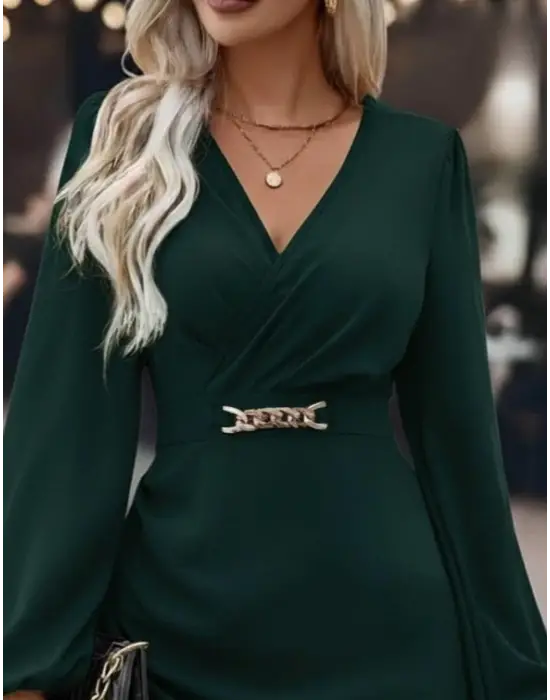 Kadın Uzun Kollu Kruvaze Yaka Yandan Büzgülü Asimetrik Detaylı Ithal Krep Mini Elbise