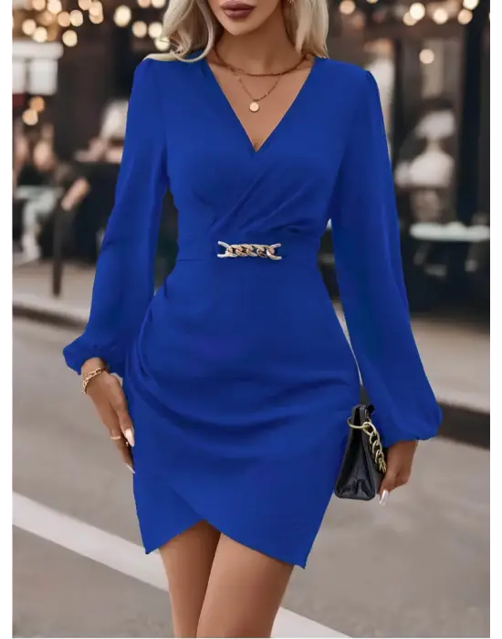 Kadın Uzun Kollu Kruvaze Yaka Yandan Büzgülü Asimetrik Detaylı Ithal Krep Mini Elbise