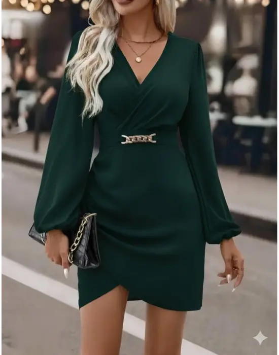 Kadın Uzun Kollu Kruvaze Yaka Yandan Büzgülü Asimetrik Detaylı Ithal Krep Mini Elbise