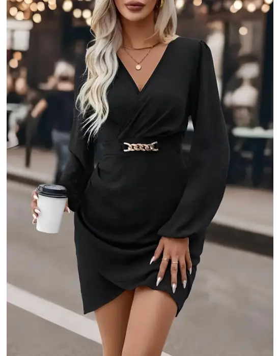 Kadın Uzun Kollu Kruvaze Yaka Yandan Büzgülü Asimetrik Detaylı Ithal Krep Mini Elbise