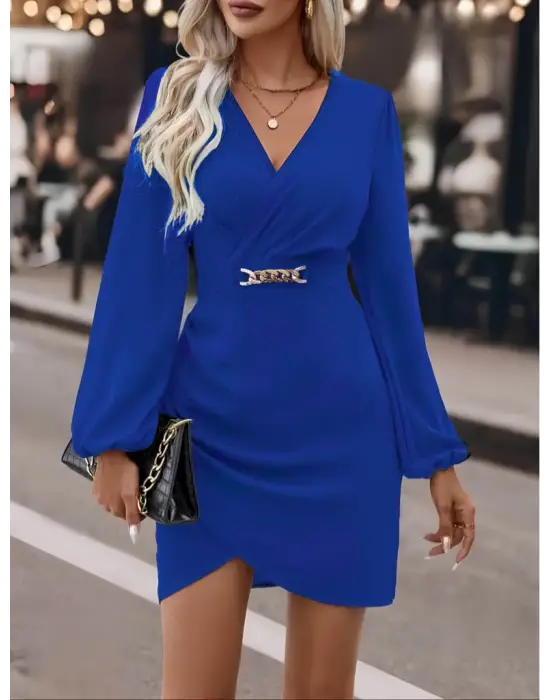 Kadın Uzun Kollu Kruvaze Yaka Yandan Büzgülü Asimetrik Detaylı Ithal Krep Mini Elbise