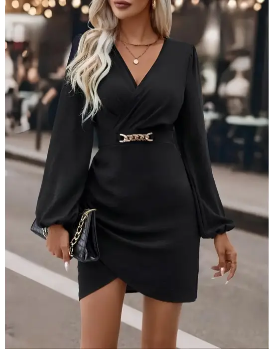 Kadın Uzun Kollu Kruvaze Yaka Yandan Büzgülü Asimetrik Detaylı Ithal Krep Mini Elbise