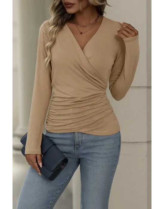 Kadın Uzun Kollu Kruvaze Yaka Yanlardan Büzgülü Viskon Bluz