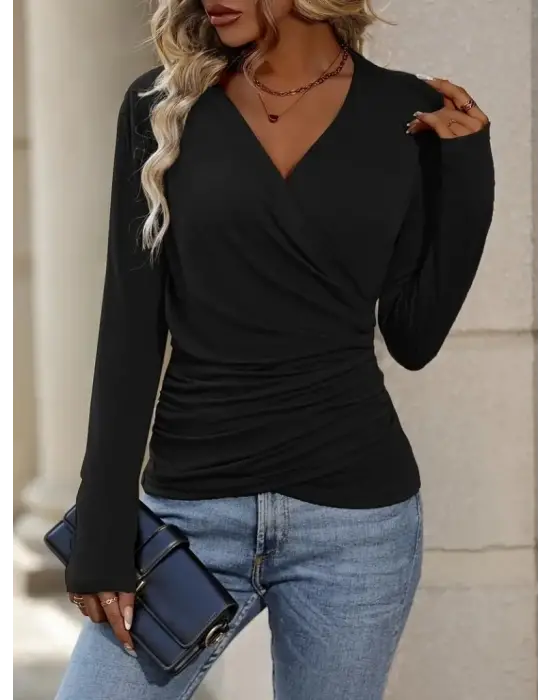 Kadın Uzun Kollu Kruvaze Yaka Yanlardan Büzgülü Viskon Bluz