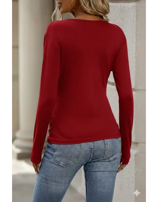 Kadın Uzun Kollu Kruvaze Yaka Yanlardan Büzgülü Viskon Bluz