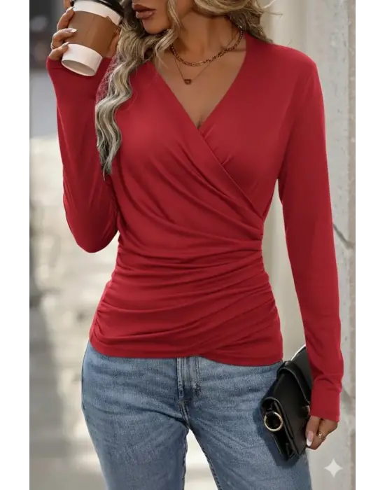 Kadın Uzun Kollu Kruvaze Yaka Yanlardan Büzgülü Viskon Bluz