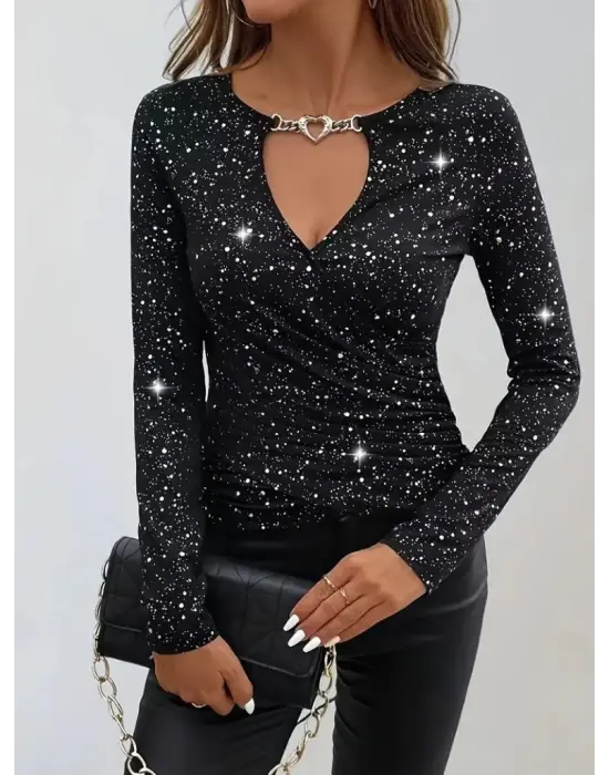 Kadın Uzun Kollu Kruvaze Yakalı Aksesuarlı Dalgıç Bluz