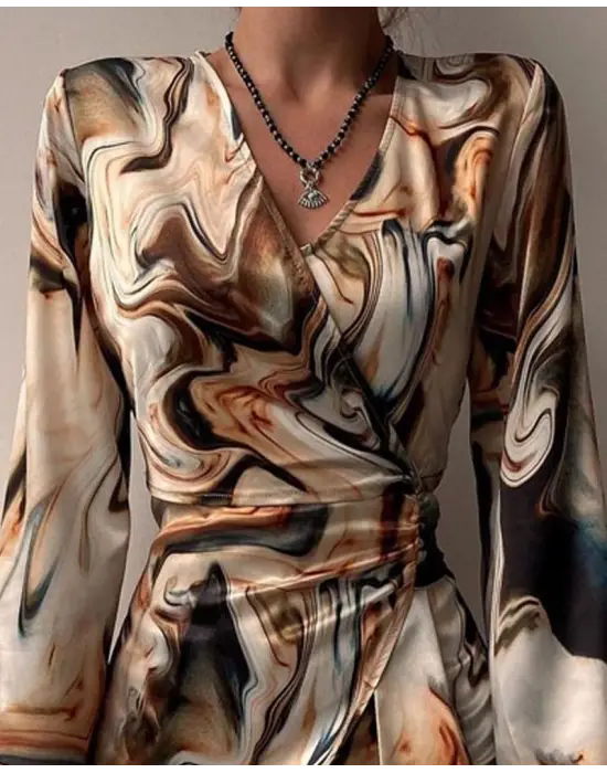 Kadın Uzun Kollu Kruvaze Yakalı Asimetrik Detaylı Mini Modal Elbise