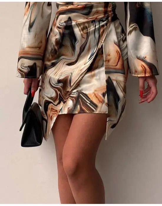 Kadın Uzun Kollu Kruvaze Yakalı Asimetrik Detaylı Mini Modal Elbise