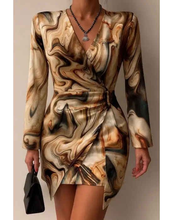 Kadın Uzun Kollu Kruvaze Yakalı Asimetrik Detaylı Mini Modal Elbise