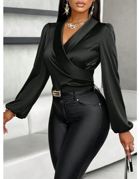 Kadın Uzun Kollu Kruvaze Yakalı Asimetrik Saten Bluz