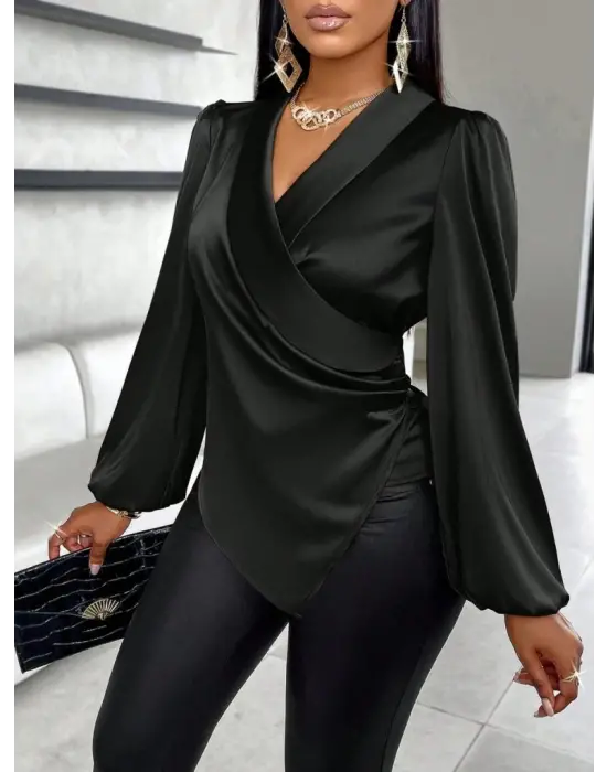 Kadın Uzun Kollu Kruvaze Yakalı Asimetrik Saten Bluz