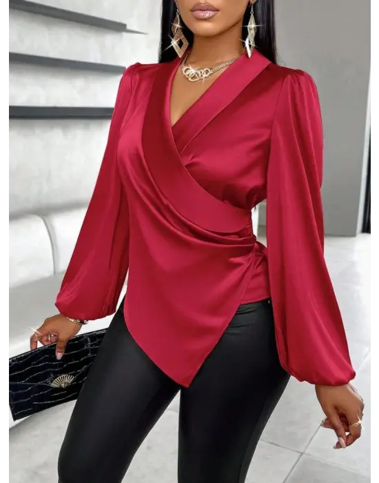 Kadın Uzun Kollu Kruvaze Yakalı Asimetrik Saten Bluz