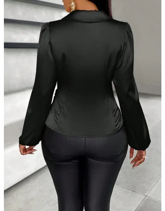 Kadın Uzun Kollu Kruvaze Yakalı Asimetrik Saten Bluz