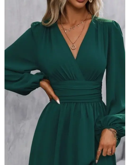 Modern Mini Elbise Kadın Uzun Kollu Kruvaze Yakalı