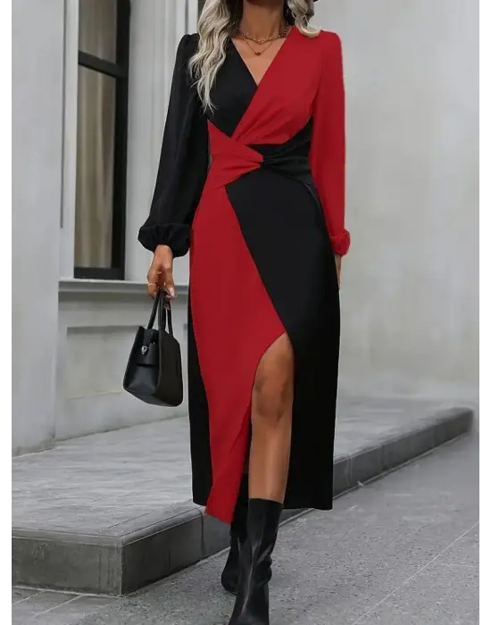 Kadın Uzun Kollu Kruvaze Yakalı Belden çapraz Detaylı çift Renkli Midi Ithal Krep Elbise