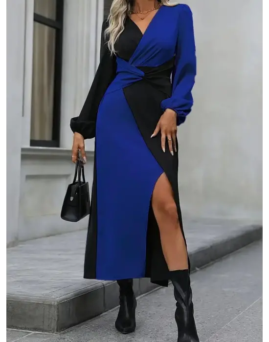 Kadın Uzun Kollu Kruvaze Yakalı Belden çapraz Detaylı çift Renkli Midi Ithal Krep Elbise