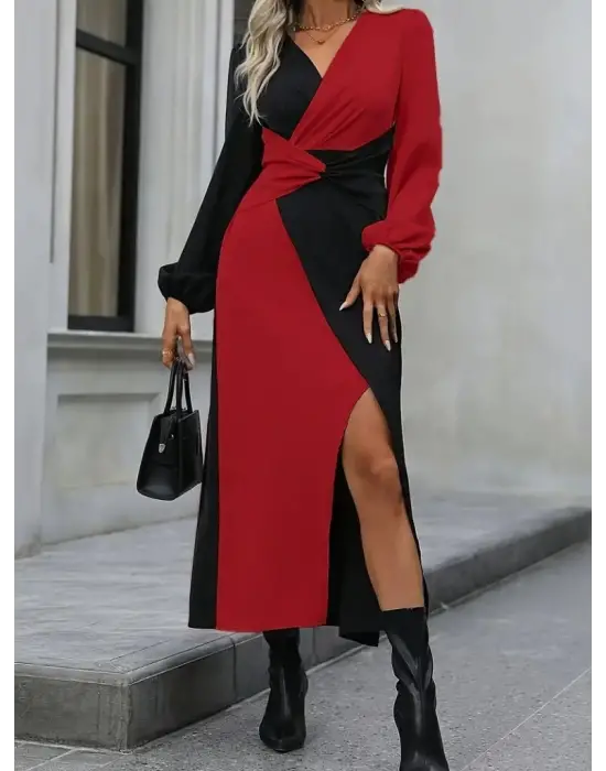 Kadın Uzun Kollu Kruvaze Yakalı Belden çapraz Detaylı çift Renkli Midi Ithal Krep Elbise
