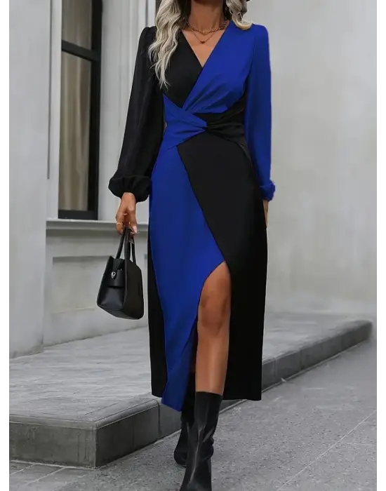 Kadın Uzun Kollu Kruvaze Yakalı Belden çapraz Detaylı çift Renkli Midi Ithal Krep Elbise