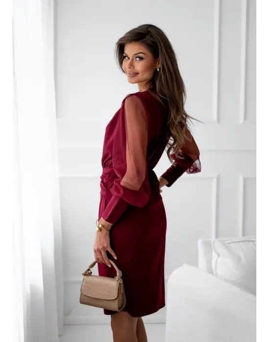 Kadın Uzun Kollu Kruvaze Yakalı Belden Kemerli Mini Ithal Krep Elbise