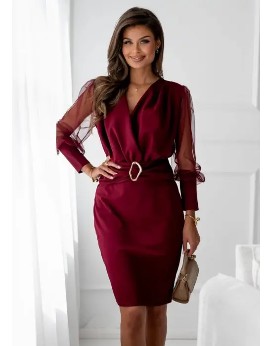 Kadın Uzun Kollu Kruvaze Yakalı Belden Kemerli Mini Ithal Krep Elbise