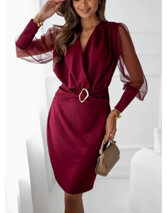 Kadın Uzun Kollu Kruvaze Yakalı Belden Kemerli Mini Ithal Krep Elbise