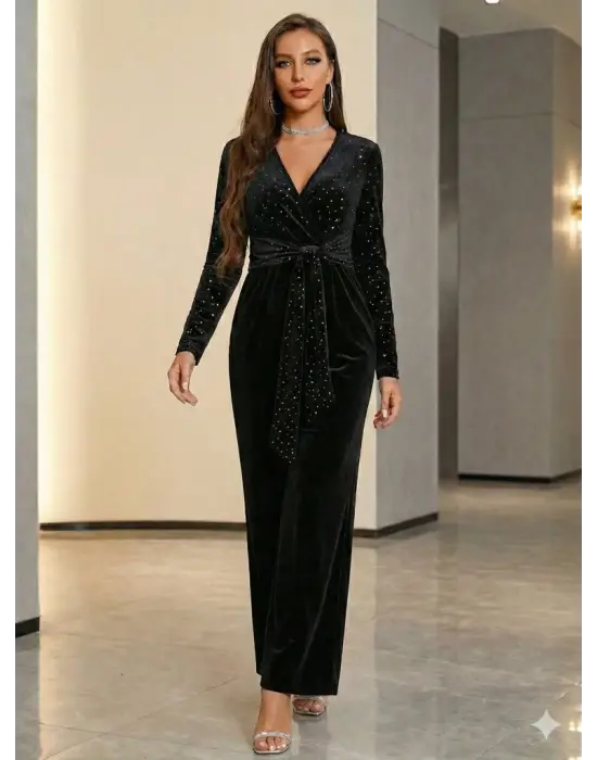 Kadın Uzun Kollu Kruvaze Yakalı Belden Kuşaklı ışıltılı Kadife Tulum