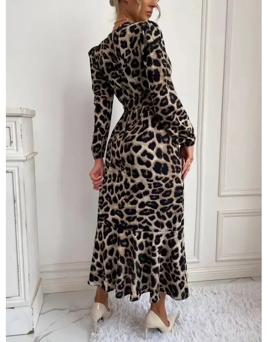Kadın Uzun Kollu Kruvaze Yakalı Belden Kuşaklı Leopar Elbise